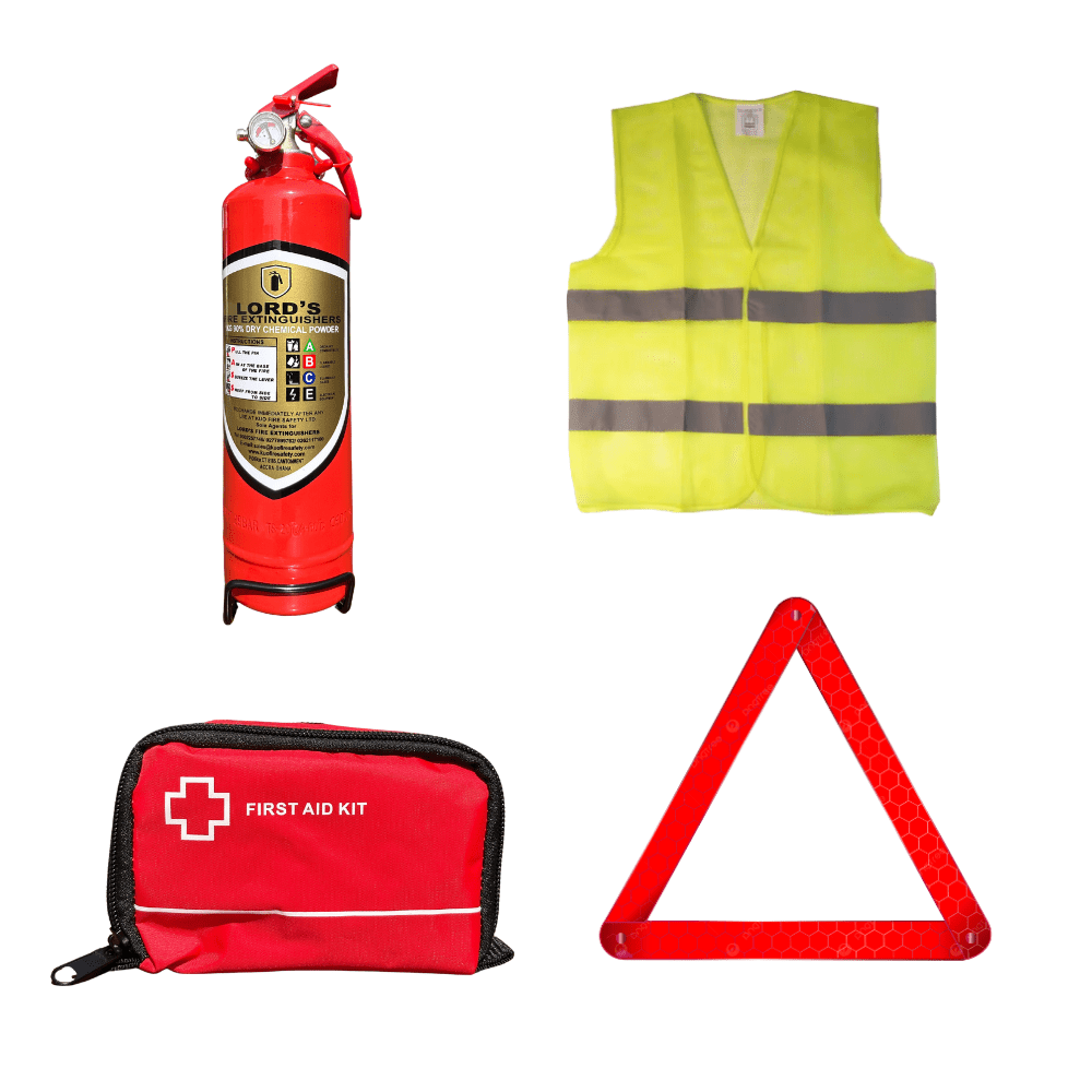 Emergency 4 in 1 Car Safety Kit - Fire Extinguisher, Triangle, Vest & First Aid Auto SupplyMaster