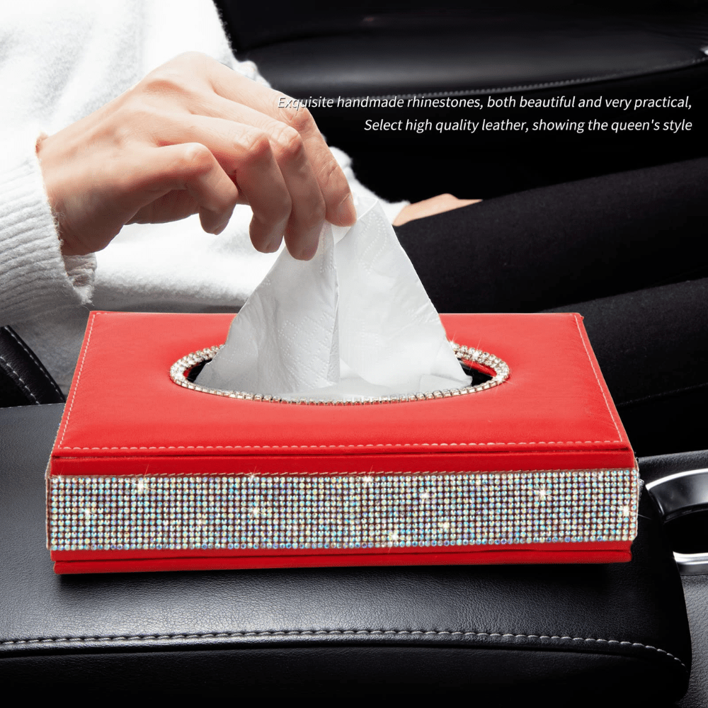 Faux Leather Bling Rhinestone Diamond Car Tissue Box Auto SupplyMaster