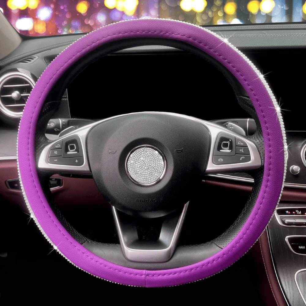 Leather Steering Wheel Cover With Bling Crystal Rhinestones Auto SupplyMaster