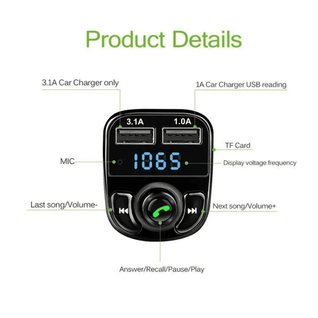 Multifunction X8 Wireless Car MP3 Player - 3.1A/1.0A Auto SupplyMaster