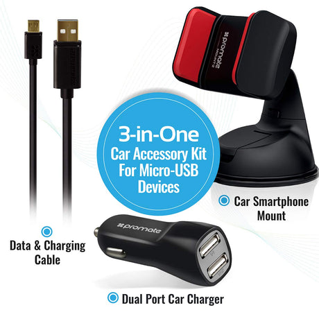 Promate 3-in-1 Car Charger & Mount Accessory Kit - Carkit-HM Auto Supply Master